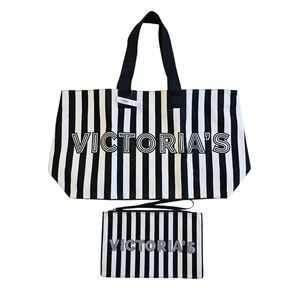 Victoria's Secret NWT Logo Canvas Tote Bag & Wristlet Black White Stripe $49.95